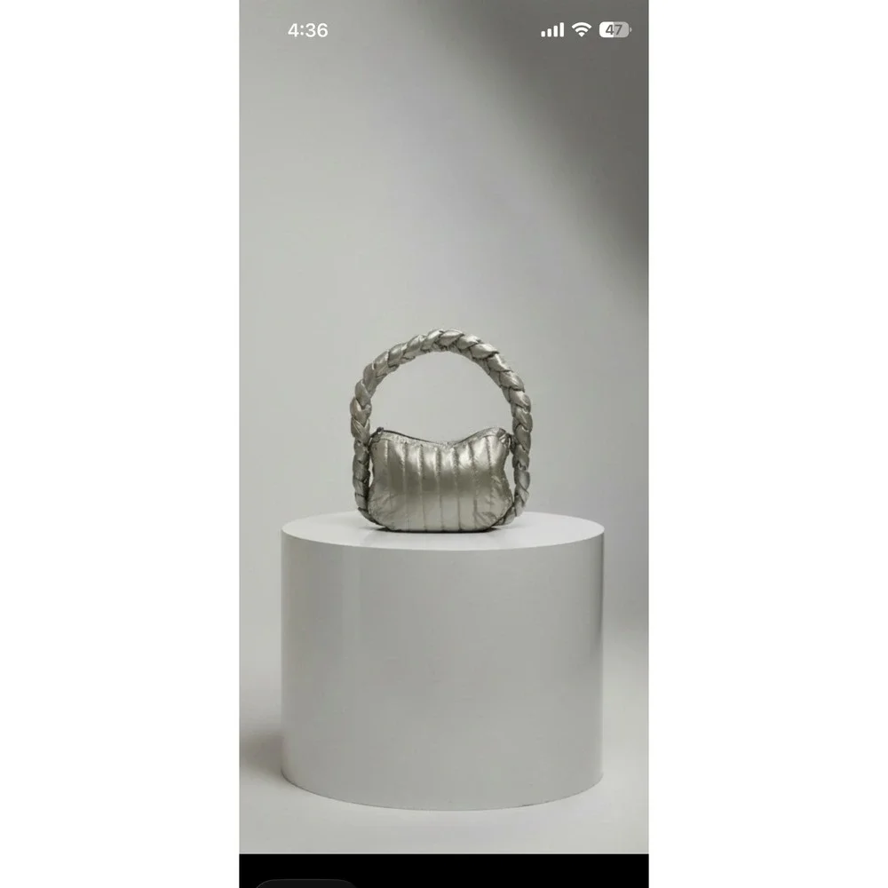 Think Royln Metallic Puffer Bag‎ Braided Handle Quilted Hobo Handbag Pewter